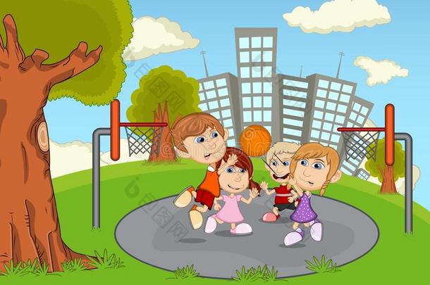 孩子们在公园的<strong>卡通</strong>上打<strong>篮球</strong>
