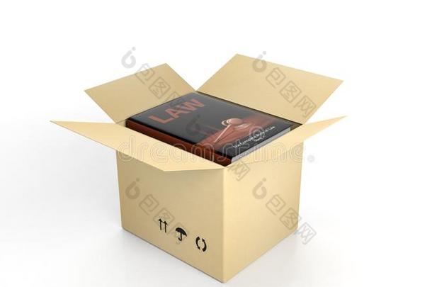 法律书籍与插图封面在一个开放的纸板箱