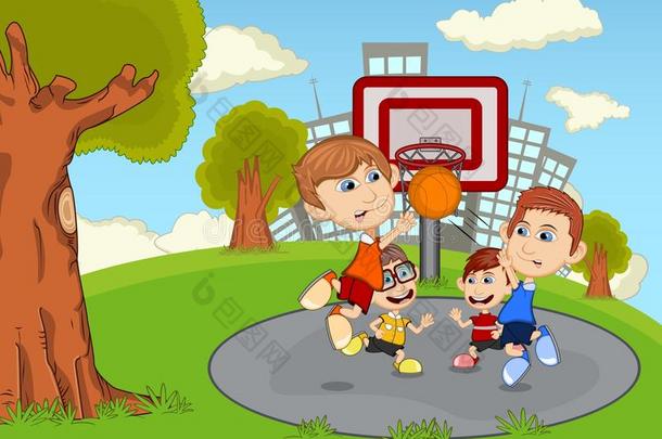 孩子们在公园的<strong>卡通</strong>上<strong>打篮球</strong>