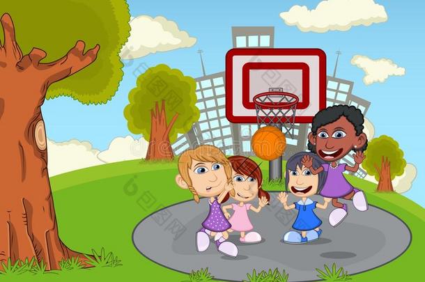 孩子们在公园的卡通上打篮球
