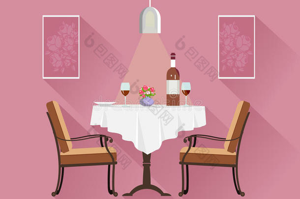 平面风格的<strong>圆形</strong>餐厅<strong>桌子</strong>，两人用白布，酒杯，酒瓶，盘子和花瓶。 餐厅<strong>桌子</strong>。