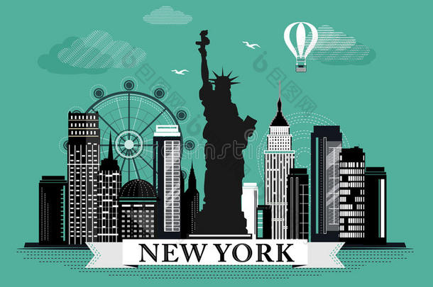 酷的图形<strong>纽约</strong>市天际线海报与复古外观详细的设计元素。 <strong>纽约风景</strong>与地标