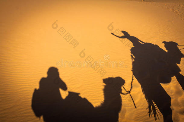 商队骆驼行走的影子投射在橙色的沙丘上