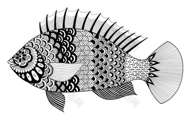 鱼线艺术设计为成人着色书，纹身，t恤设计，元素设计等