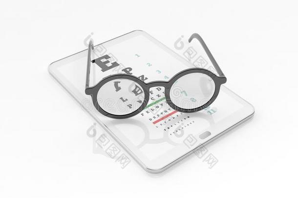 眼镜设置在平板电脑上，屏幕上有视力测试