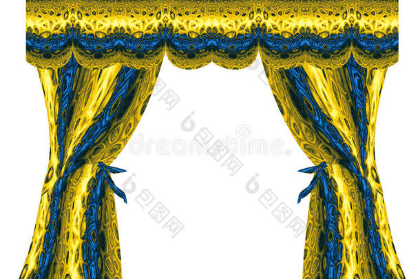 折叠的金色和蓝色窗帘与抽象<strong>图案</strong>的几何<strong>图案</strong>