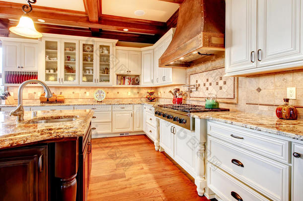 很棒的厨房，硬木地板和漂亮的台面。