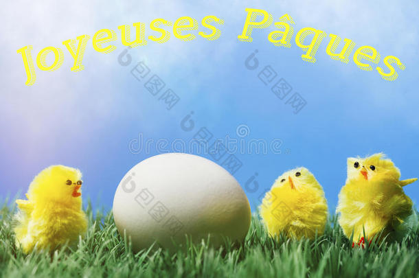 法国复活节问候文本；一群小鸡围绕着鸡蛋