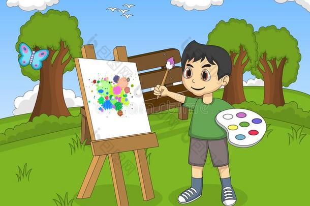 艺术家男孩在画布上画公园卡通