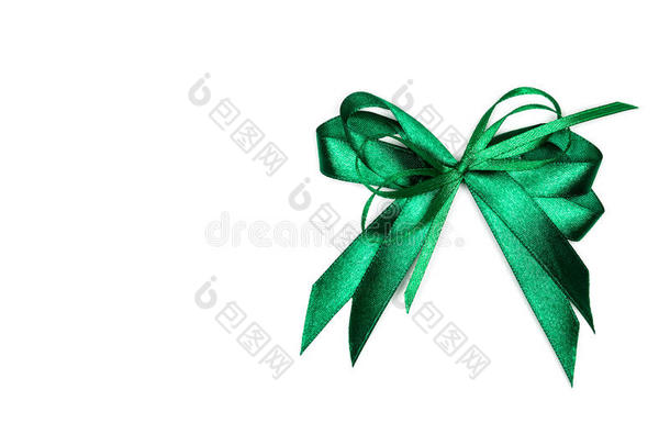 绿色缎子礼物蝴蝶结。 丝带。 在白色上隔离