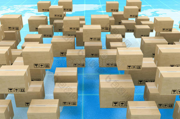 全球物流，航运和全球快递业务概念：堆叠瓦楞纸箱与包裹货物