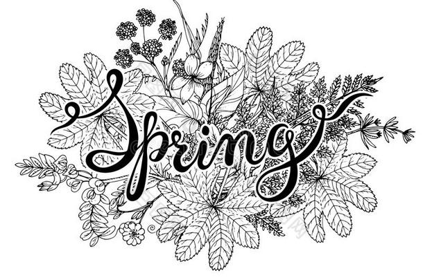 手工刻字词春天用手工草药和花。