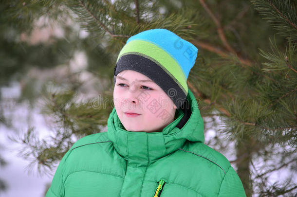 冬天松林里穿着绿色夹克的男孩少年