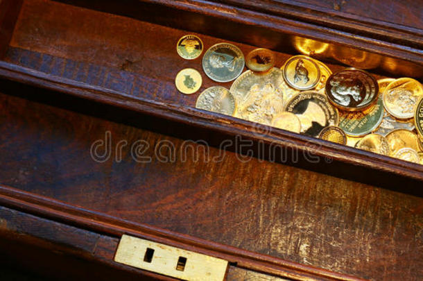 木制棺材里的一堆金币