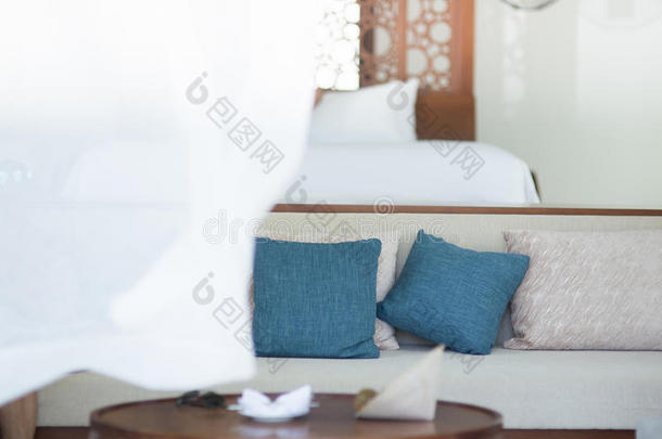 蓝色枕头在沙发上，室内，室内，现代