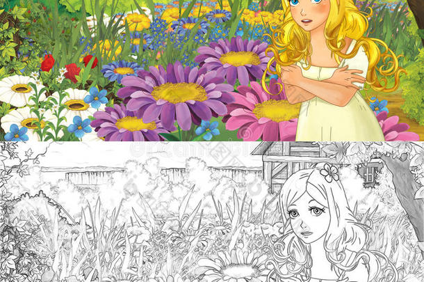 卡通农场场景与小精灵女孩在花-着色页面-图片为不同的童话
