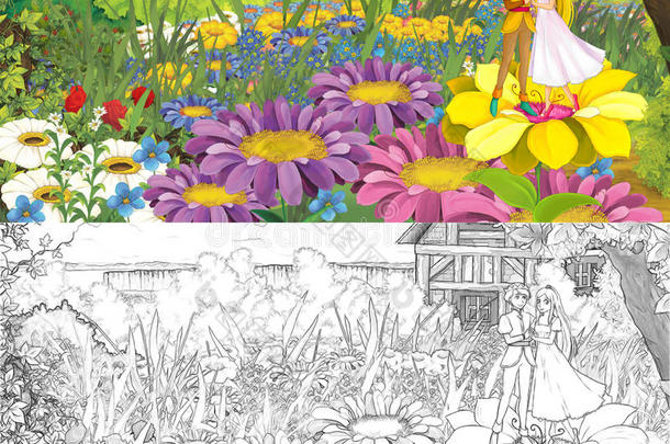 卡通农场场景与王子和公主在花卉-着色页面-图像为不同的童话