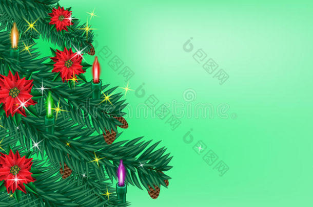 圣诞节或新年背景。 闪闪发光的圣诞树<strong>树枝</strong>上有圣诞灯和<strong>鲜花</strong>