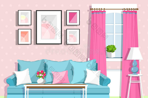 可爱的彩色客厅室内设计与家具。 复古风格的房间。
