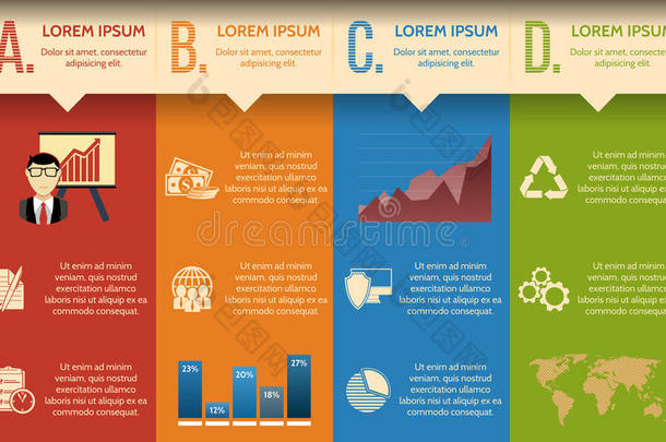 生意。 信息图表逐步模板或网站横幅与集成图标。