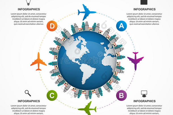 抽象全球飞机信息图形设计模板。 可用于网站、印刷、展示、旅游和旅游概念。