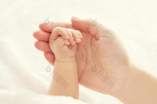 婴儿手和母亲手，妇女抱着新生儿，新出生的孩子