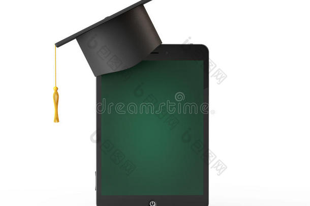 电子学习概念。 毕业学术帽超过平板PS作为bl