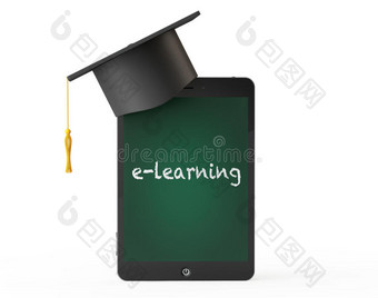 电子学习概念。 毕业学术帽超过平板PS作为bl图片