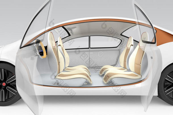 自主汽车的内饰理念。该车提供可折叠方向盘、可旋转的乘客座椅