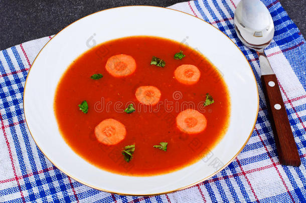 胡萝卜番茄汤在盘子里。 后面躺着汤料，蔬菜。 意大利全国美食