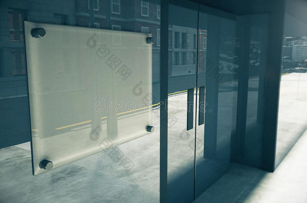 建筑玻璃墙上的空白玻璃招牌，模拟，三维R