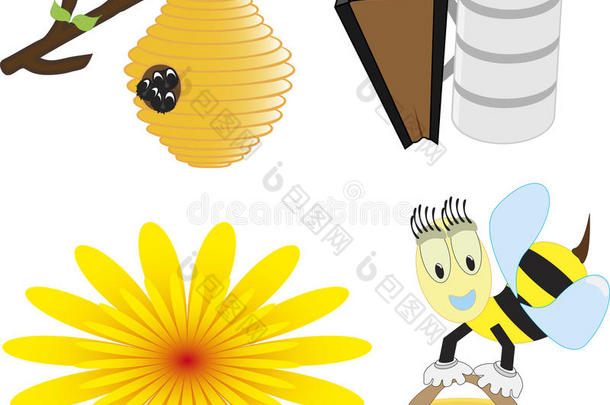 一组与<strong>蜜蜂</strong>相关的图标的<strong>矢量</strong>插图，如快乐<strong>蜜蜂</strong>