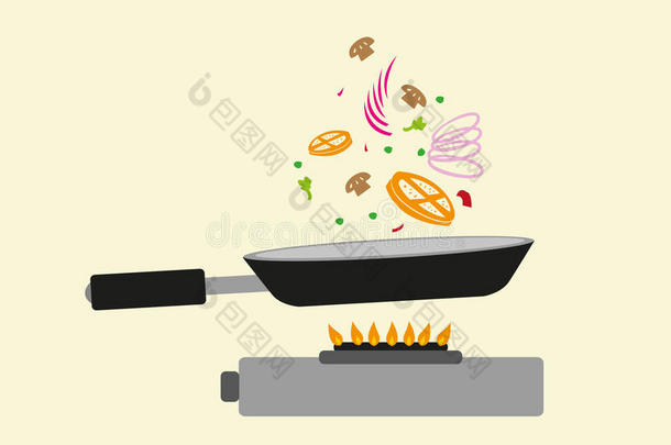 在行动中烹饪。 煎锅和<strong>空气</strong>中的<strong>成分</strong>。 可编辑剪贴画。