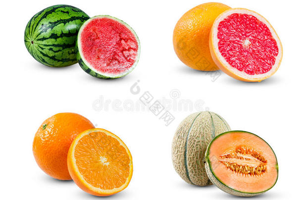 收集多<strong>汁</strong>切片水果<strong>西</strong>瓜，橘子，甜瓜和<strong>柚</strong>子，富含维生素。 在白色上隔离