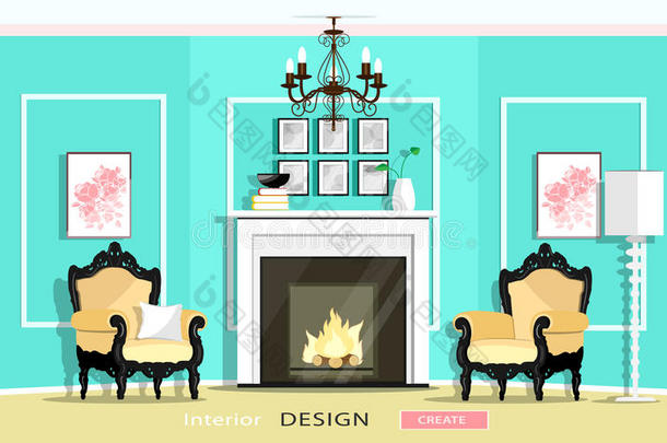 经典复古风格的家具设置在客厅：壁炉，扶手椅，吊灯，灯。 平淡的风格