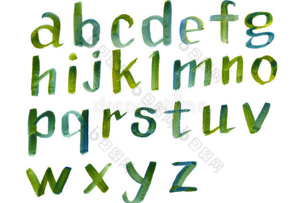 手绘彩色水彩字母书法字体。 水彩字母。