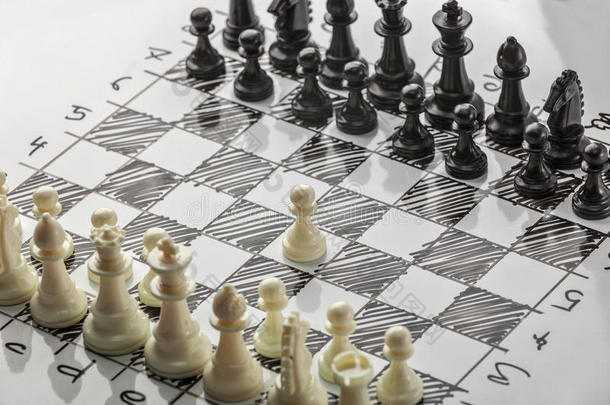 国际象棋。 白人开始了。 白板上有国际象棋数字。