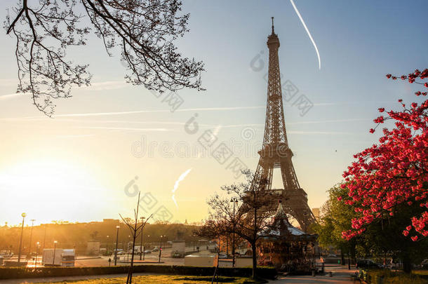 法国巴黎<strong>的</strong>埃菲尔铁塔和<strong>春天的</strong>树