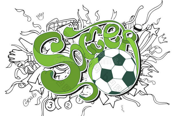 涂鸦白色<strong>足球</strong>构图与运动<strong>对象</strong>和绿色字体