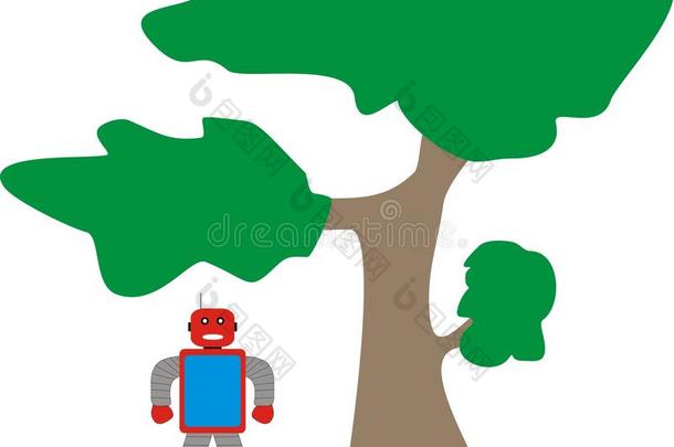 阿伦机器人站在树模型A1蓝色红色灰色附近