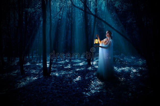 晚上森林里拿灯笼的精灵女孩
