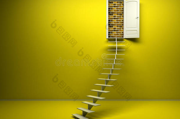 三维黄色房间，开<strong>门</strong>。 砖墙