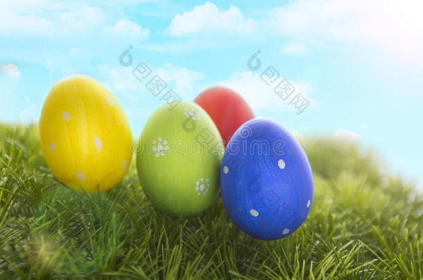 装饰复活节鸡蛋在草地上的天空背景