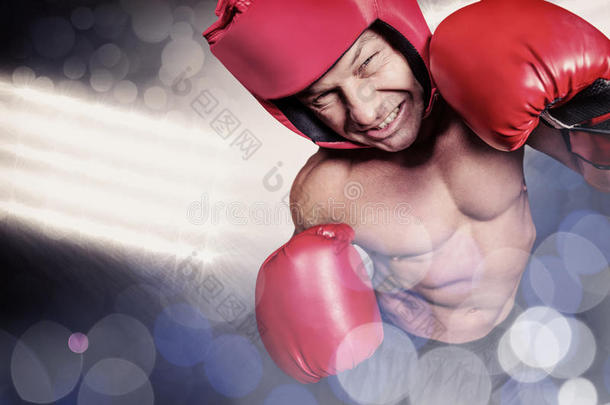 带头饰和手套的拳击手高角度视图的复合图像
