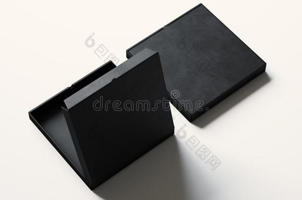 空白黑色打开比萨饼纸盒隔离在白色背景上。 水平模型。 三维渲染