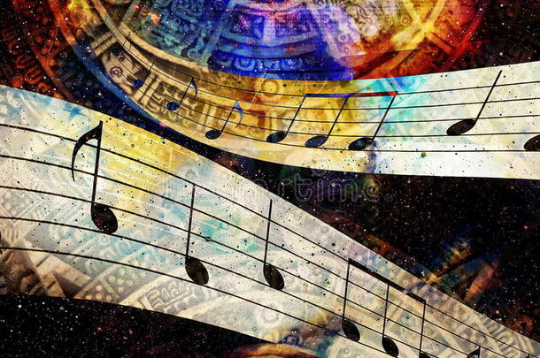 古代玛雅历法和音乐笔记，宇宙空间与星星，抽象的颜色背景，计算机拼贴。