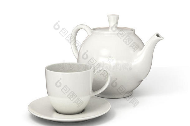 白色背景上的陶瓷茶壶和一杯茶