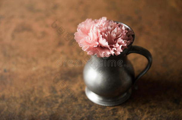 石桌上金属花瓶里的康乃馨水平