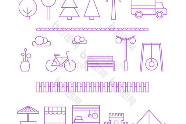 一套平面简约的细线条元素，用于现代城市的建设和设计。 树木，商店，汽车，自行车，篱笆