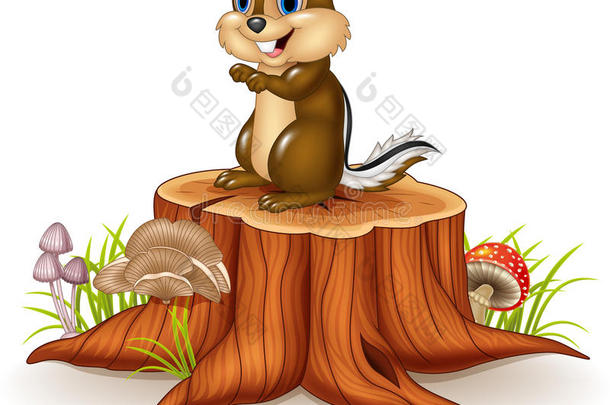 卡通花栗鼠坐在树桩上